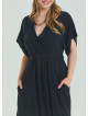 V Neck Pleated Detailed Black Casual Plus Size Dress 4606